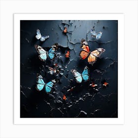 Butterflies On Cracked Wall, Blue Butterflies In A Brick Wall, Butterflies Emerging From A Cracked Dark Wall Representing Transformation And Hope Art Print