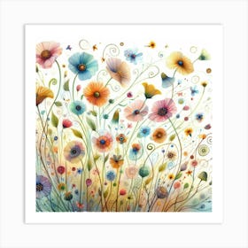 Whimsical Watercolor Painting Of Whimsical Wildflowers Dancing In The Wind, Style Watercolor Illustration 2 Art Print