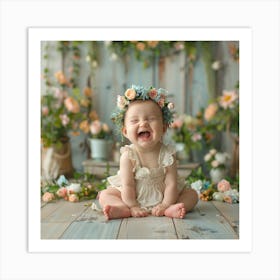 Baby Laughing In Front Of Flowers Art Print