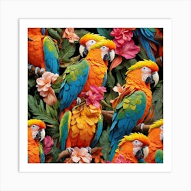 Colorful Parrots And Flowers Art Print