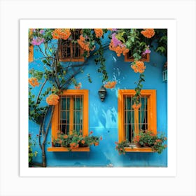 Blue House With Flowers 2 Art Print