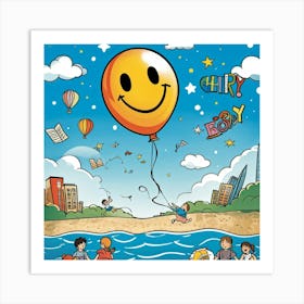 Cartoon Illustration Of A Hand Drawn Balloon Adorned With A Happy Face Floating Over A Bustling Beac (2) Art Print