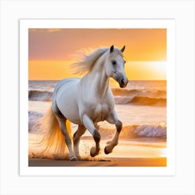 White Stallion On The Beach At Sunset Art Print