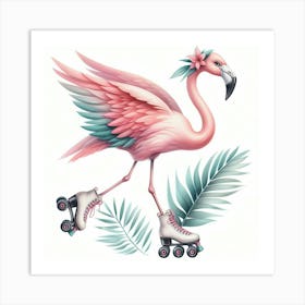 Flamingo on roller skates 1 Art Print