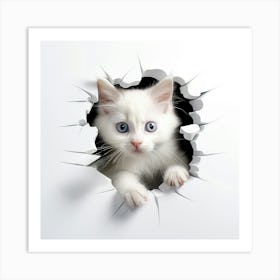 White Kitten Peeking Out Of A Hole 2 Art Print