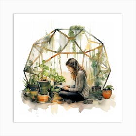 Girl In A Greenhouse With Plants Reading Watercolour Art Print