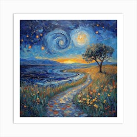 Starry Night Van Gogh Inspired Landscape Art Art Print