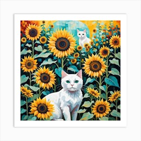 White cat in Sunflowers Art Print