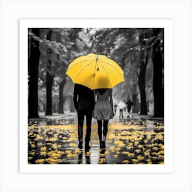 Couple Holding Yellow Umbrella In The Rain Art Print