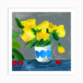 Yellow Flowers And Cherries - still life yellow red blue square Art Print