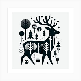 Scandinavian style, Silhouette of a deer with forest 2 Art Print