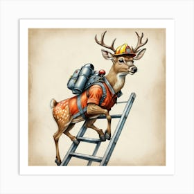 Deer On Ladder 2 Art Print