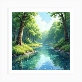 Watercolor Forest Clearing With Sparkling River 1 Art Print