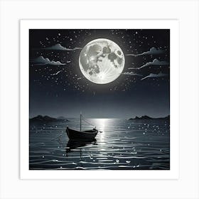 Serene Boat Scene With Moon On Beach Art Print (2) Art Print