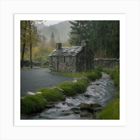 Stone Cottage In The Rain Art Print