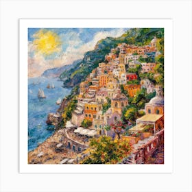 Lazy Square Impressionist Oil Painting Of The Sunny Amalfi Coast (4) Art Print