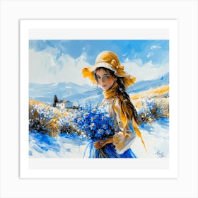 Girl With Blue Flowers Art Print