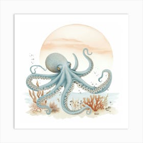 Storybook Style Octopus With Sunset 2 Art Print