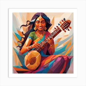 In An Oil Painting The Vibrant Essence Of A Joyous Indian Woman Playing The Sitar With Profound Enthusiasm Is Beautifully Depicted The Artwork Showcases The Woman In Meticulous Detail Exuding Pure 2 Art Print