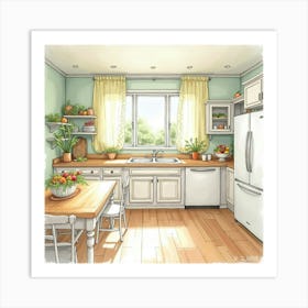 Beautiful Watercolor Painting Of A Sunny Kitchen Scene 1 Art Print