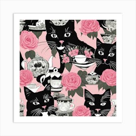 Black Cats With Roses Art Print