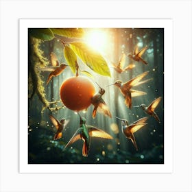 Hummingbirds Flying Over Orange Art Print