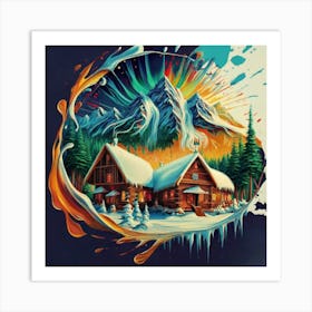 Abstract painting of a mountain village with snow falling 34 Art Print