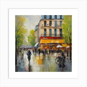 Paris In The Rain Paris city, pedestrians, cafes, oil paints, spring colors. Art Print