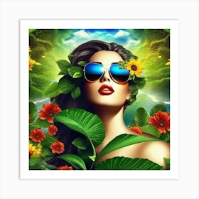 Woman In Sunglasses And Flowers 2 Art Print