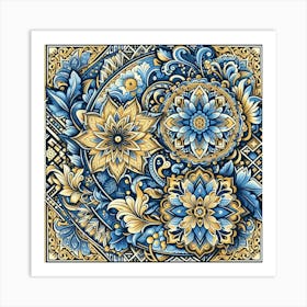 Batik, Blue And Gold Floral Pattern 1 Art Print