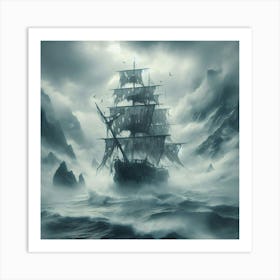 Pirate Ship In Stormy Sea Art Print