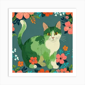 Green Cat In Floral Frame Art Print