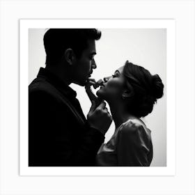 Black And White Couple Kissing Art Print