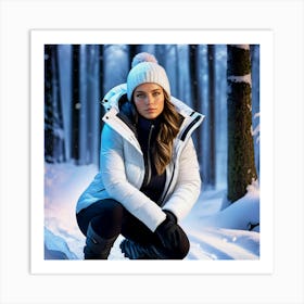 Woman in down jacket in a snowy forest Art Print