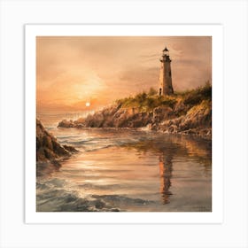 Serene Sunset A Captivating Watercolor Of A Coastal Lighthouse And Tranquil Ocean (1) Art Print