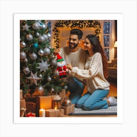 Happy Couple Decorating Christmas Tree Art Print