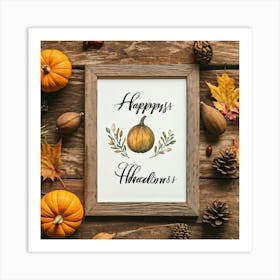 Calligraphy Tableau Featuring An Acorn Nestled Among Fall Leaves Hand Drawn Script Greeting Happy (4) Art Print