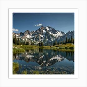 A Stunning Mountain Range With Snow Capped Peaks Reflecting In A Crystal Clear Alpine Lake Art Print