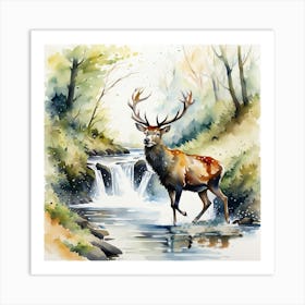 stag crossing woodland stream Art Print