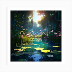 Water Lillies Beautiful Vibrant Tropical Forest Art Print