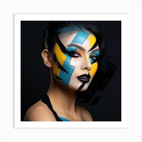 Beautiful Woman With Blue And Yellow Makeup Art Print