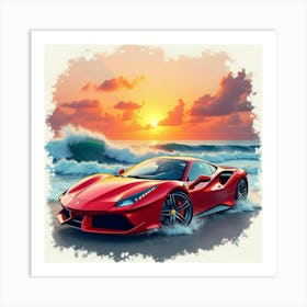 A Ferrari With A Watercolor Coastal Sunset And Crashing Waves 1 1 Art Print