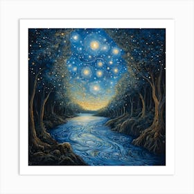 Celestial River Dreams – Starry Night Forest Landscape Wall Art With Flowing Stream Art Print