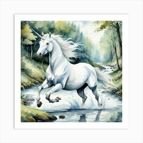 white horse crossing stream Art Print