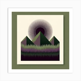 Title: "Emerald Eclipse: The Enigma of Night"  Description: "Emerald Eclipse: The Enigma of Night" is an art piece that entrances with its halo of dotted gradients, evoking the mysterious allure of an eclipse against a night sky. The composition features bold, emerald mountains rising above a lush, purple-tinged forest, with the hypnotic patterns in the sky creating an illusion of depth and movement. This visual meditation on the nocturnal landscape uses a palette of deep greens, purples, and blacks, set against a light cream canvas, to suggest the silent poetry of the natural world at rest. The artwork's layered textures and soothing colors invite the viewer to contemplate the quiet majesty of the wilderness under the spell of twilight. Art Print
