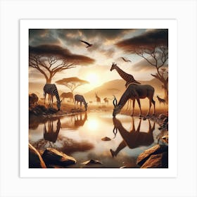 Giraffes Drinking Water At Sunset Art Print