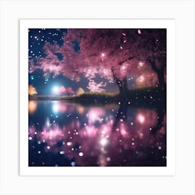 Pink Reflections of Cherry Blossom Trees at Midnight Art Print