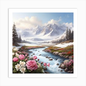 Photorealistic Winter Mountain Landscape With River And Flowers Art Print