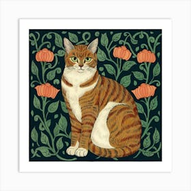 William Morris Style Cat  Art Print