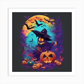 Halloween Witch And Pumpkins Art Print